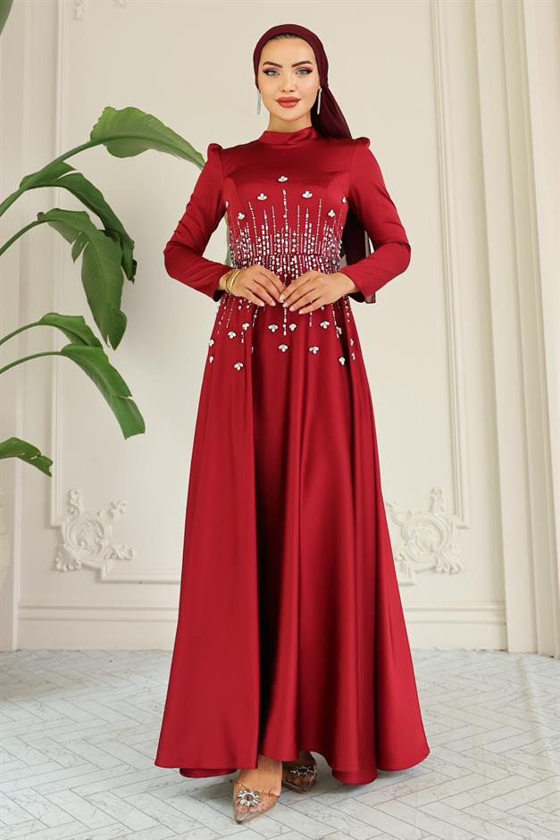 فستان سهرة ساتان محجبات بنقشة حجرية من الأمام حافة 1680