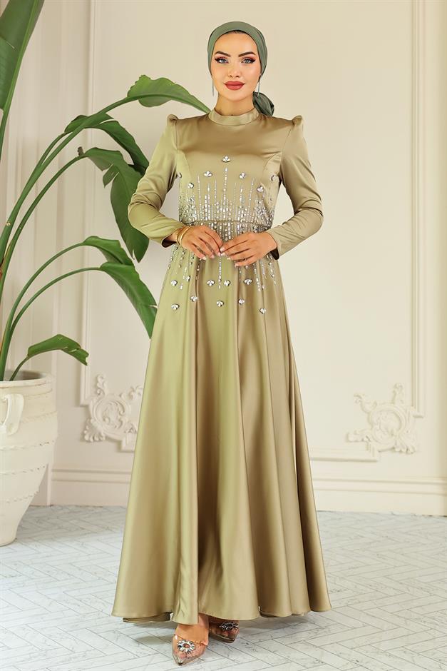 فستان سهرة ساتان محجبات بنقشة حجرية من الأمام زيت أخضر 1680