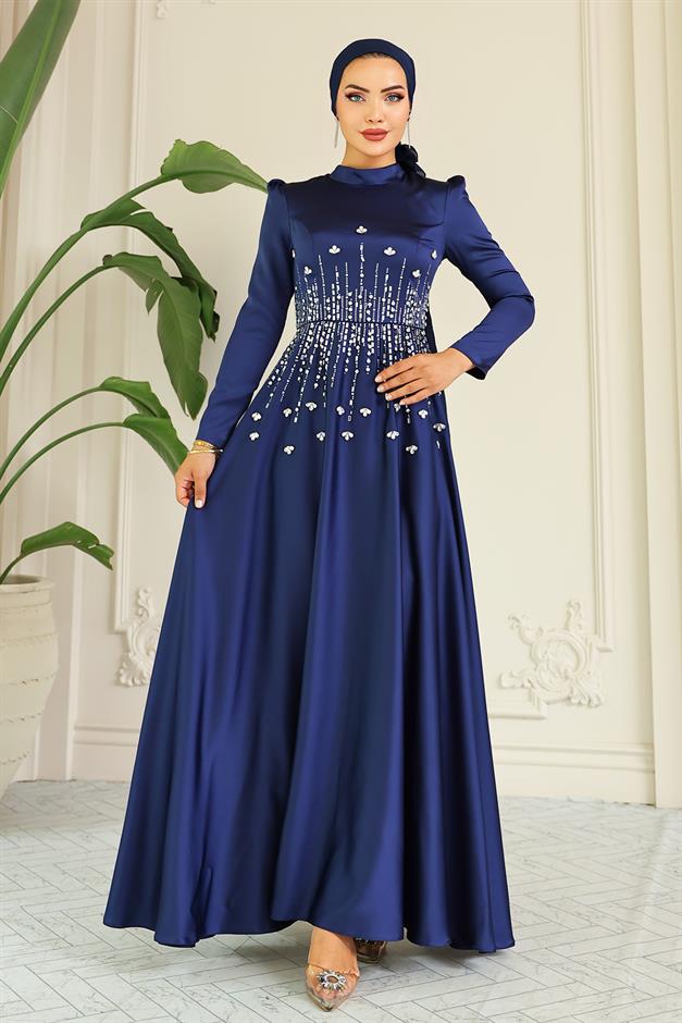 فستان سهرة ساتان محجبات بنقشة حجرية من الأمام الأزرق الداكن 1680
