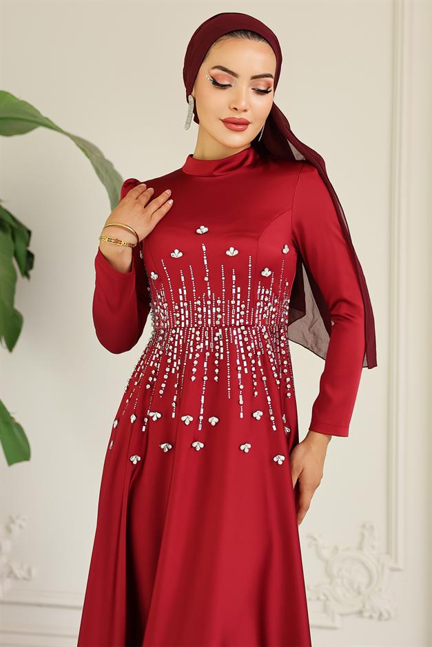 فستان سهرة ساتان محجبات بنقشة حجرية من الأمام حافة 1680