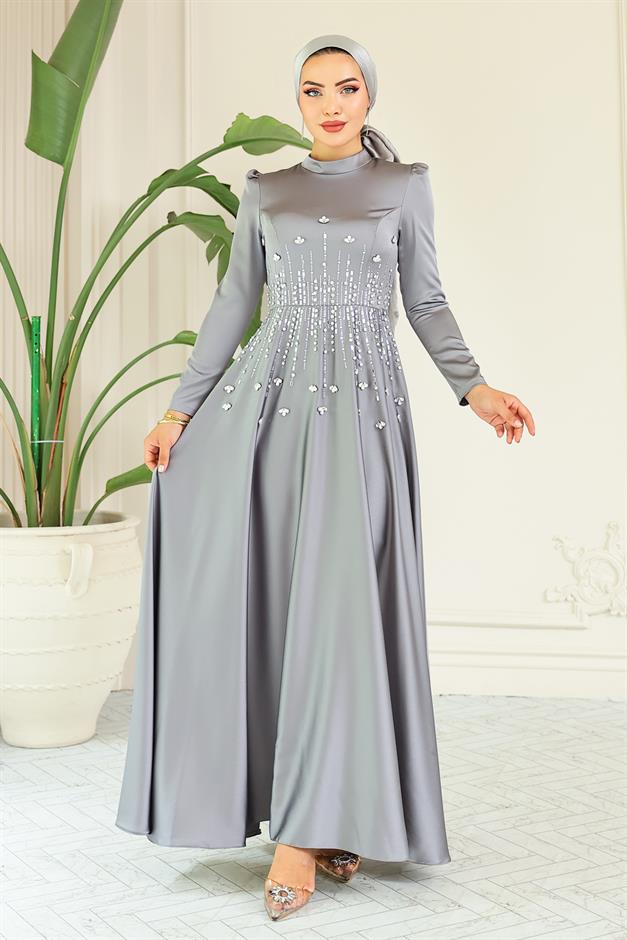 فستان سهرة ساتان محجبات بنقشة حجرية من الأمام فضي 1680