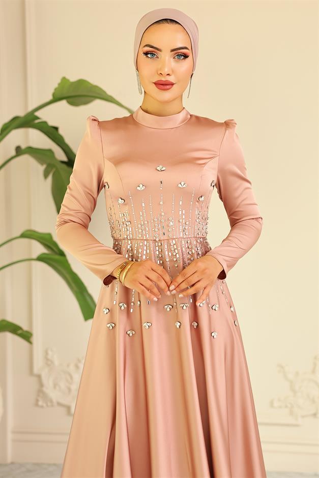 فستان سهرة ساتان محجبات بنقشة حجرية من الأمام مسحوق 1680
