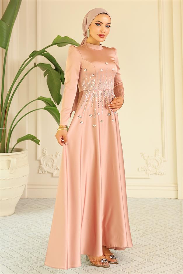 فستان سهرة ساتان محجبات بنقشة حجرية من الأمام مسحوق 1680