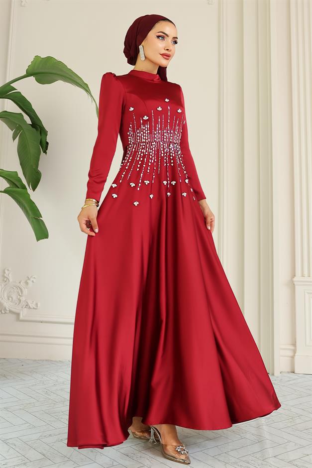 فستان سهرة ساتان محجبات بنقشة حجرية من الأمام حافة 1680