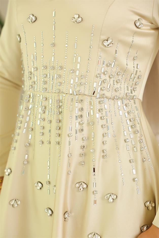 فستان سهرة ساتان محجبات بنقشة حجرية من الأمام يفعل 1680