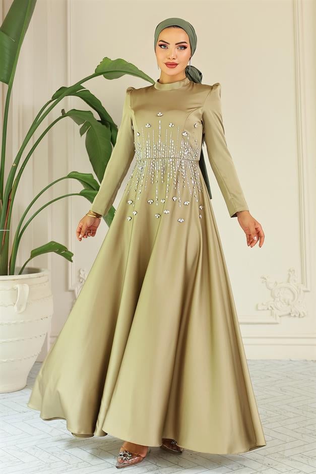 فستان سهرة ساتان محجبات بنقشة حجرية من الأمام زيت أخضر 1680