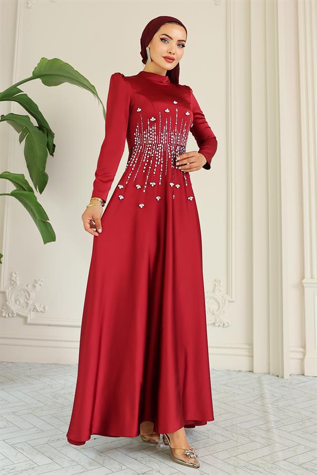 فستان سهرة ساتان محجبات بنقشة حجرية من الأمام حافة 1680