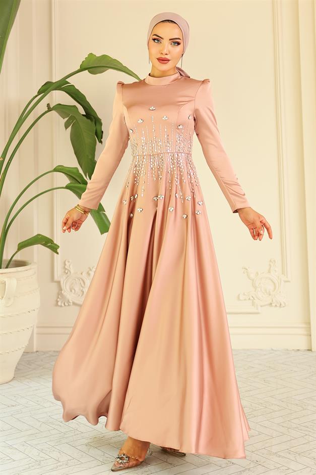 فستان سهرة ساتان محجبات بنقشة حجرية من الأمام مسحوق 1680