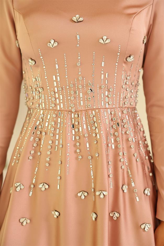 فستان سهرة ساتان محجبات بنقشة حجرية من الأمام مسحوق 1680