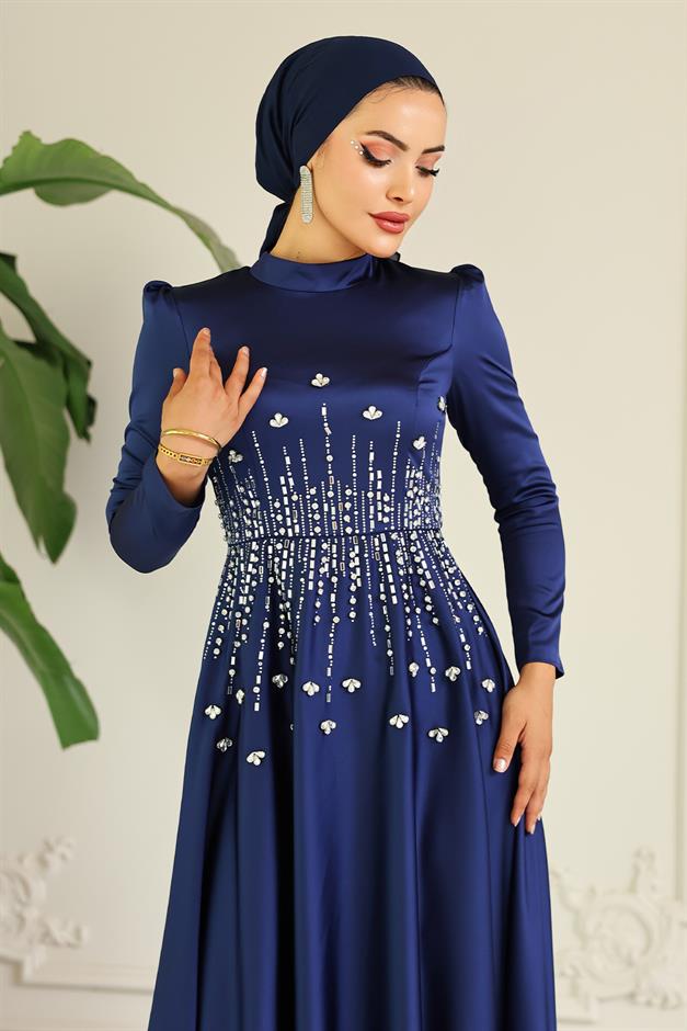 فستان سهرة ساتان محجبات بنقشة حجرية من الأمام الأزرق الداكن 1680