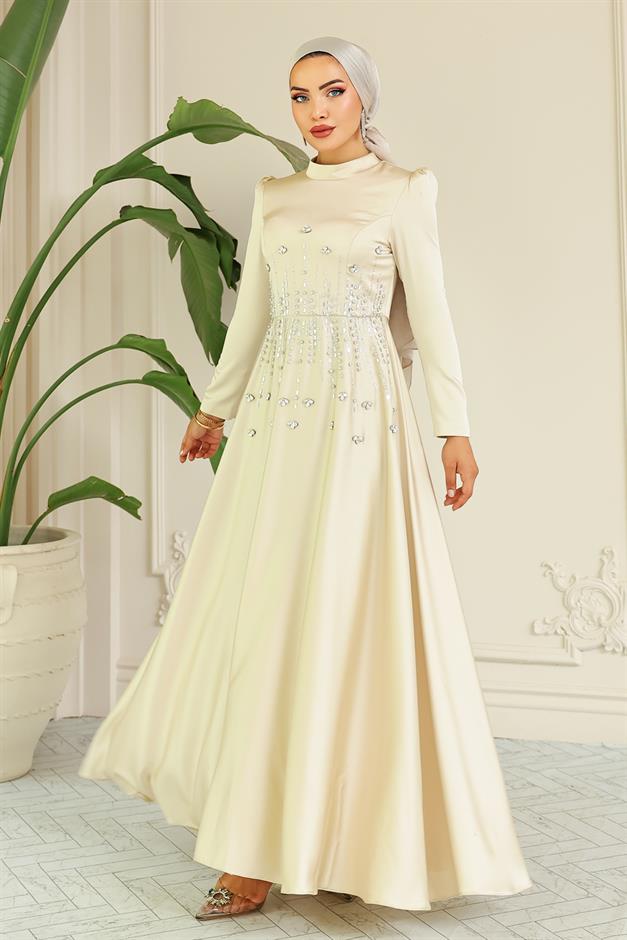 فستان سهرة ساتان محجبات بنقشة حجرية من الأمام يفعل 1680