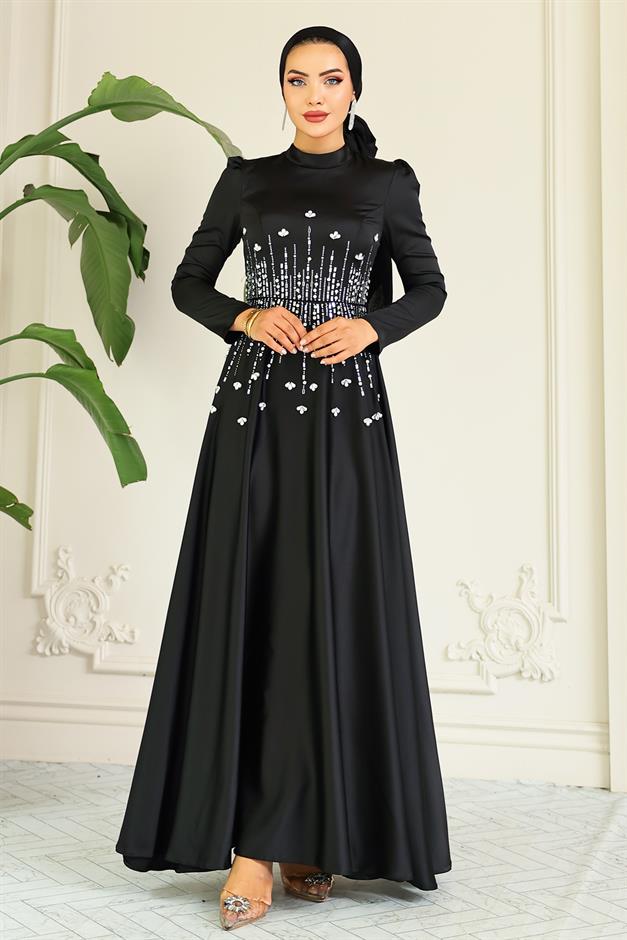 فستان سهرة ساتان محجبات بنقشة حجرية من الأمام أسود 1680
