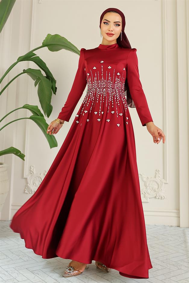 فستان سهرة ساتان محجبات بنقشة حجرية من الأمام حافة 1680