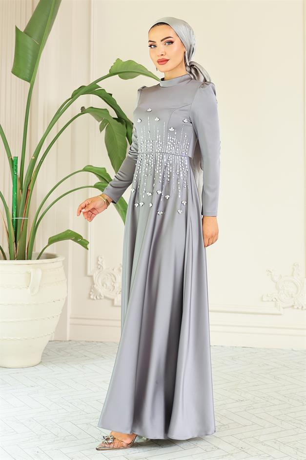 فستان سهرة ساتان محجبات بنقشة حجرية من الأمام فضي 1680