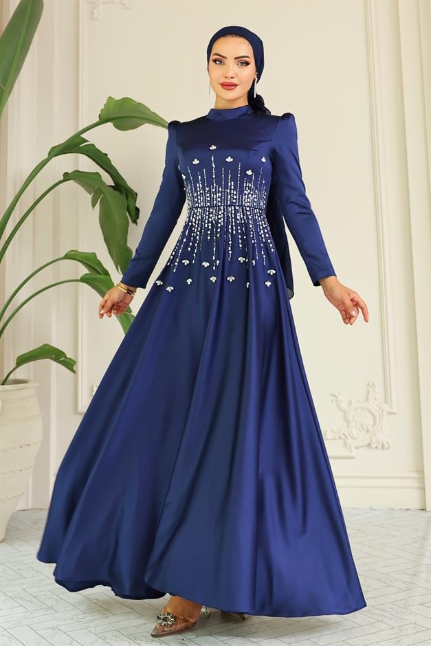 فستان سهرة ساتان محجبات بنقشة حجرية من الأمام الأزرق الداكن 1680