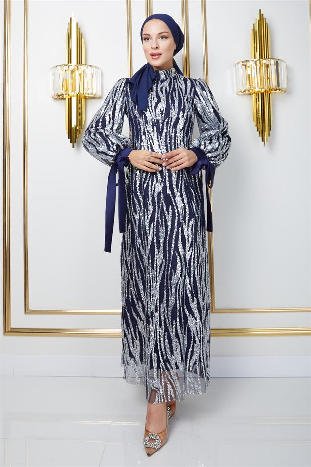 فستان سهرة من التول مع تطريزات مطرزة بالترتر الأزرق الداكن 1220