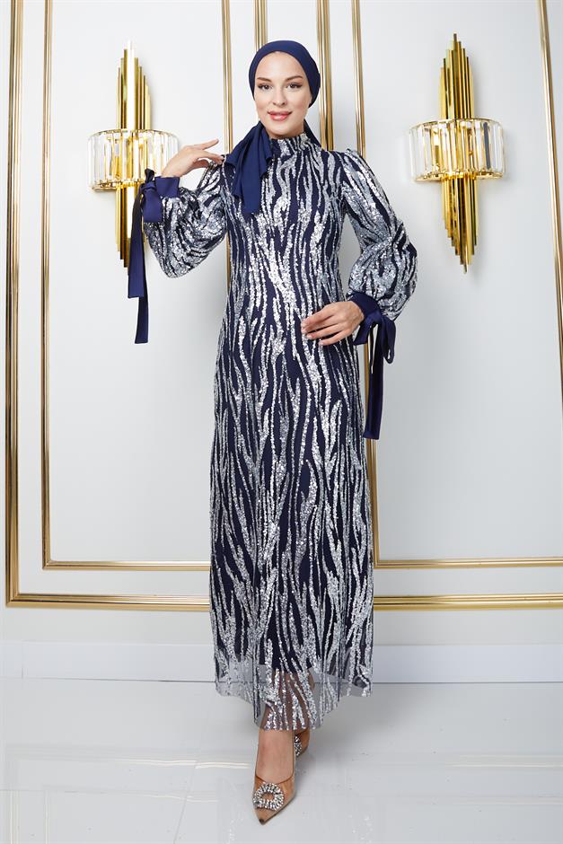 فستان سهرة من التول مع تطريزات مطرزة بالترتر الأزرق الداكن 1220