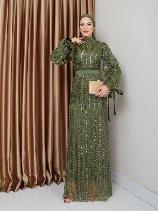 Sequin Hijab Evening Dress with Bow Detail on the Armhole GREEN 1222