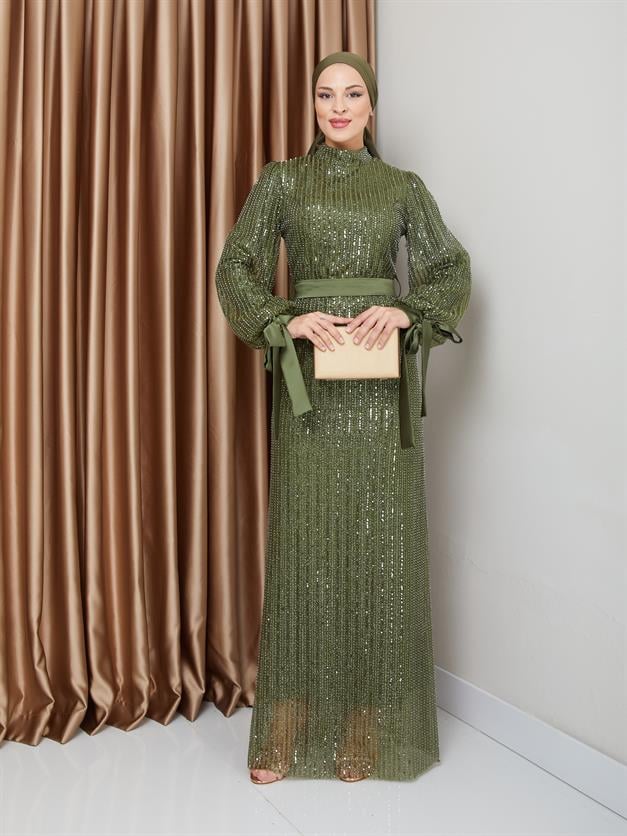 Sequin Hijab Evening Dress with Bow Detail on the Armhole GREEN 1222