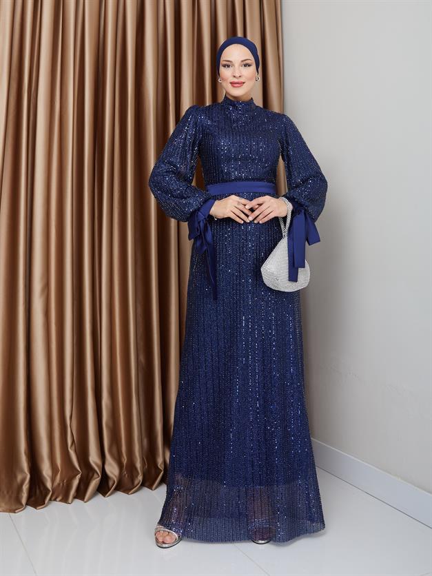 فستان سهرة حجابي مزين بالترتر مع تفاصيل فيونكة على فتحة الذراع الأزرق الداكن 1222