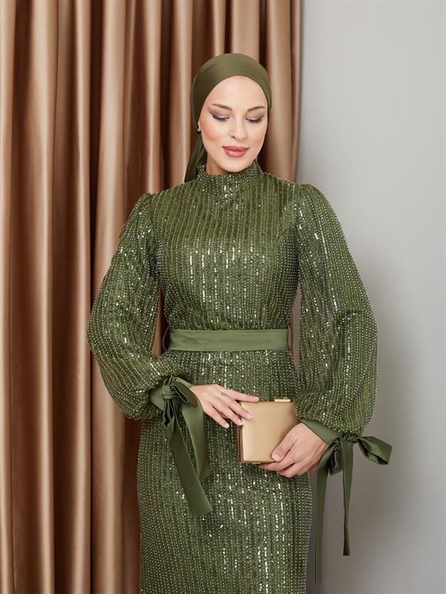Sequin Hijab Evening Dress with Bow Detail on the Armhole GREEN 1222