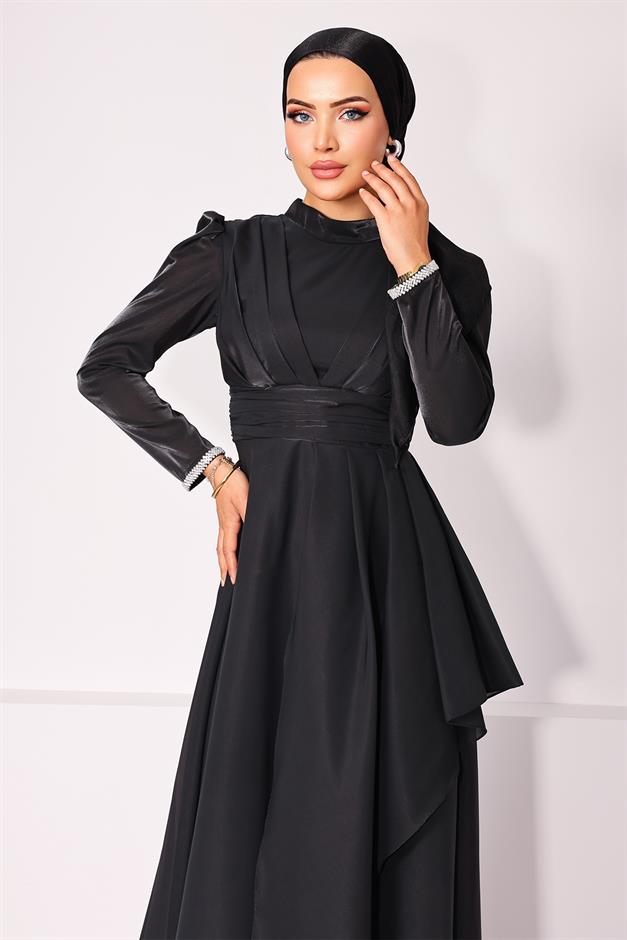 فستان سهرة حجاب من التفتا والساتان مع طيات مطرزة بالأحجار وتفاصيل كشكشة على فتحات الأكمام أسود 1215