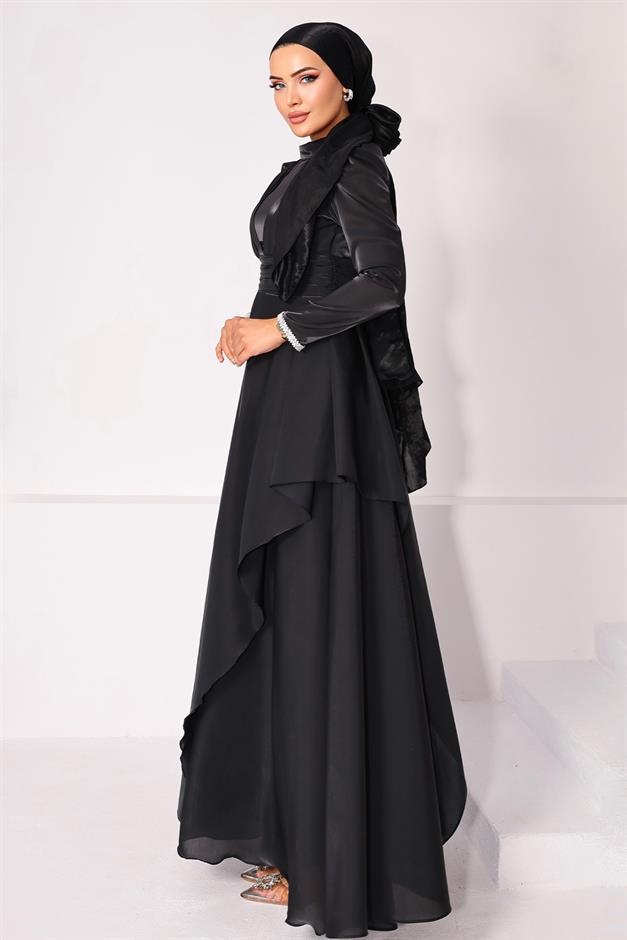 فستان سهرة حجاب من التفتا والساتان مع طيات مطرزة بالأحجار وتفاصيل كشكشة على فتحات الأكمام أسود 1215