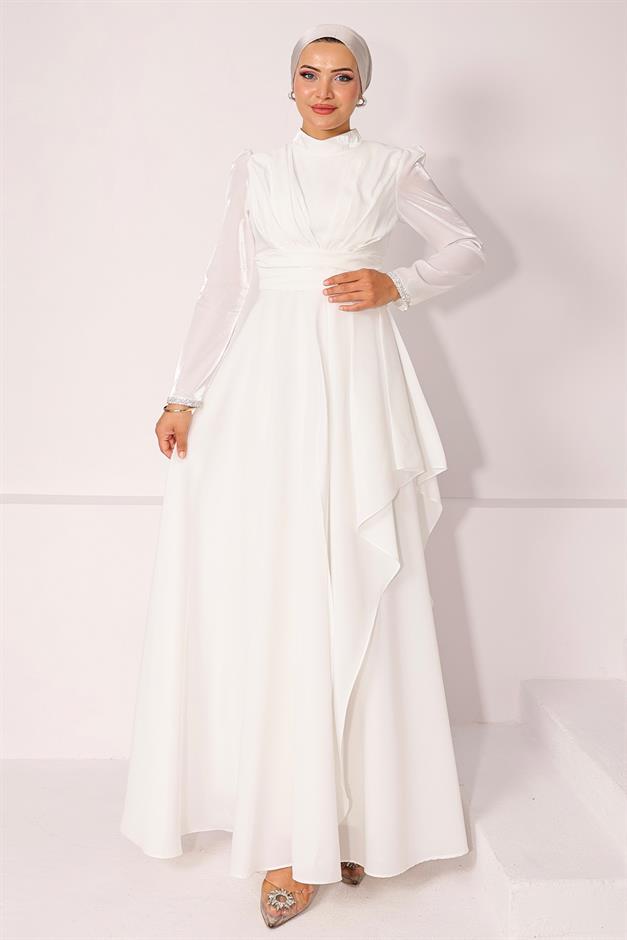 فستان سهرة حجاب من التفتا والساتان مع طيات مطرزة بالأحجار وتفاصيل كشكشة على فتحات الأكمام أبيض 1215