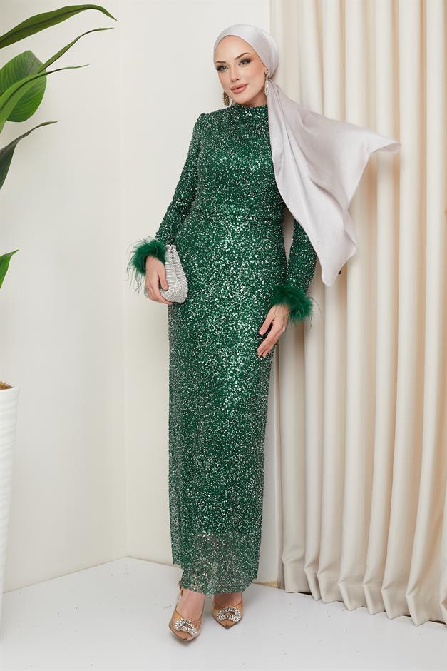 Evening Dress with Feather Detail on the Armhole and Fully Sequined and Stone Embellished GREEN 1208