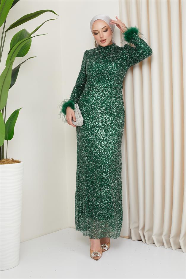 Evening Dress with Feather Detail on the Armhole and Fully Sequined and Stone Embellished GREEN 1208