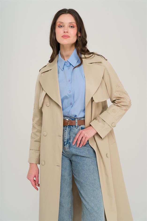 Water-Repellent Premium Trench Coat with Beaded and Embroidered Sleeves IVORY 6688