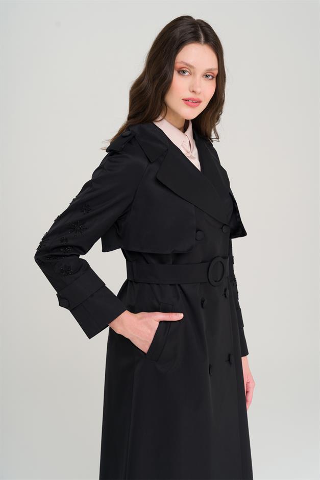 Water-Repellent Premium Trench Coat with Beaded and Embroidered Sleeves BLACK 6688