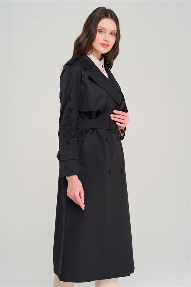 Water-Repellent Premium Trench Coat with Beaded and Embroidered Sleeves BLACK 6688
