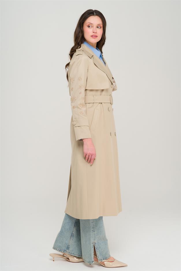 Water-Repellent Premium Trench Coat with Beaded and Embroidered Sleeves IVORY 6688