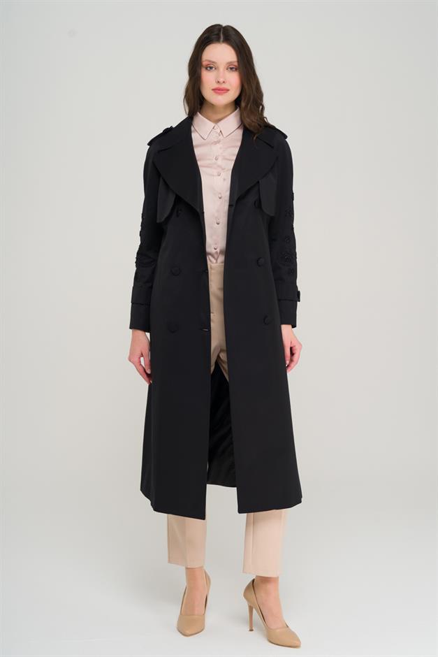 Water-Repellent Premium Trench Coat with Beaded and Embroidered Sleeves BLACK 6688