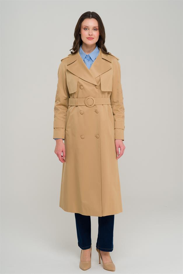 Water-Repellent Premium Trench Coat with Beaded and Embroidered Sleeves CAMEL 6688