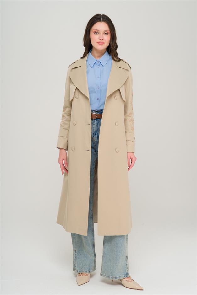 Water-Repellent Premium Trench Coat with Beaded and Embroidered Sleeves IVORY 6688