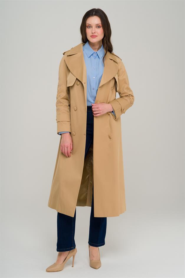 Water-Repellent Premium Trench Coat with Beaded and Embroidered Sleeves CAMEL 6688