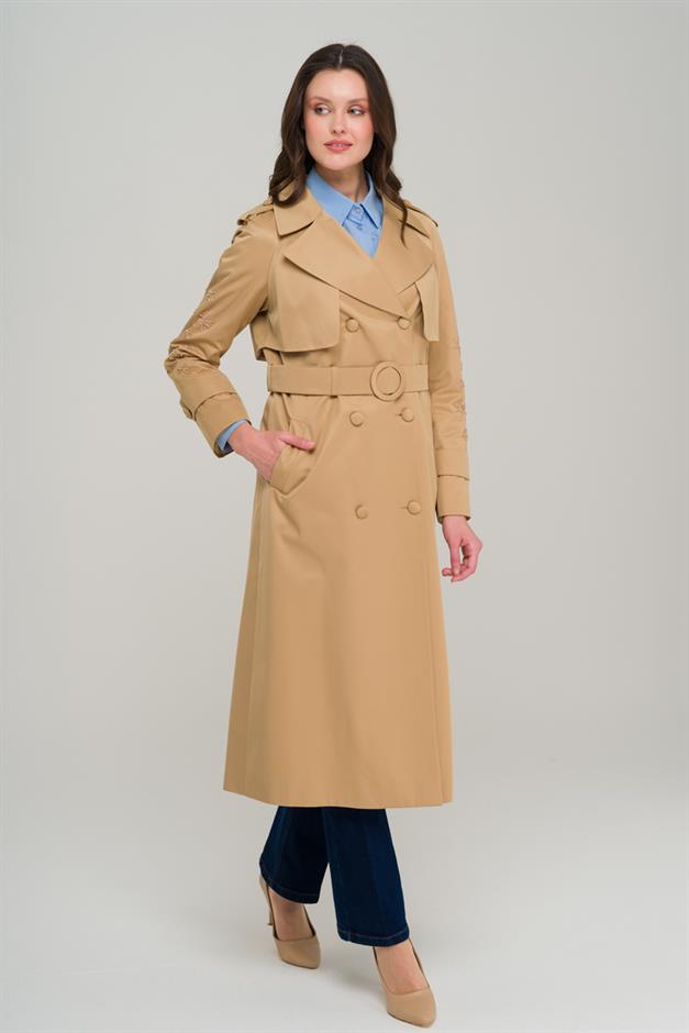 Water-Repellent Premium Trench Coat with Beaded and Embroidered Sleeves CAMEL 6688