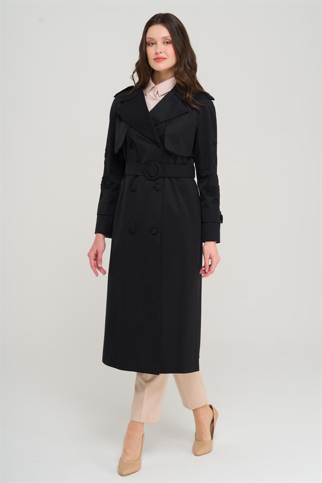 Water-Repellent Premium Trench Coat with Beaded and Embroidered Sleeves BLACK 6688