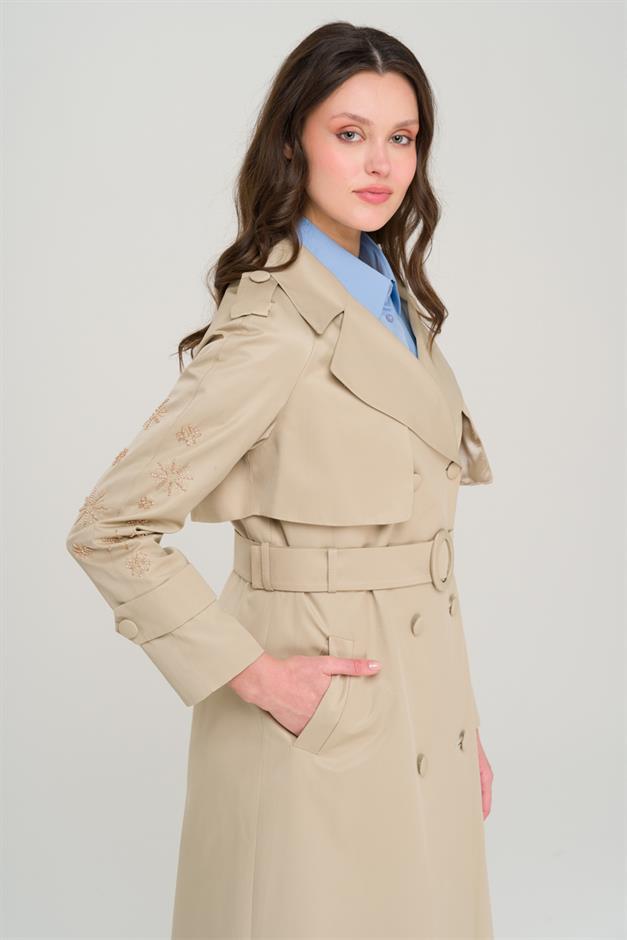 Water-Repellent Premium Trench Coat with Beaded and Embroidered Sleeves IVORY 6688