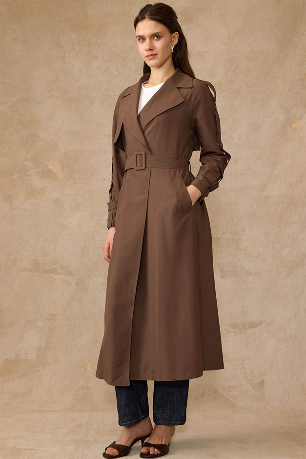 Kolları Metal Aksesuarlı Astarsız Soft Kumaş İnce Trençkot KAHVE 6842