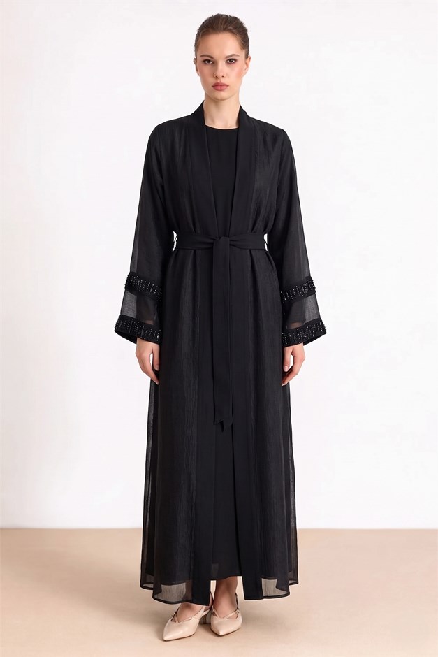 Kolları Taş Detaylı Organze Abaya Takım SİYAH 9449-TK