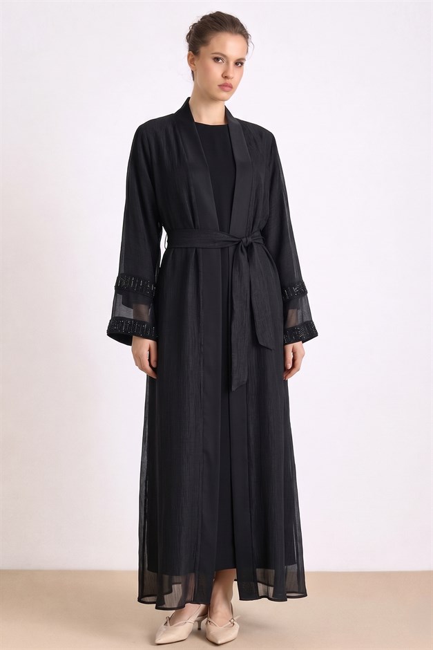 Kolları Taş Detaylı Organze Abaya Takım SİYAH 9449-TK