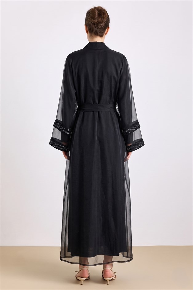 Kolları Taş Detaylı Organze Abaya Takım SİYAH 9449-TK