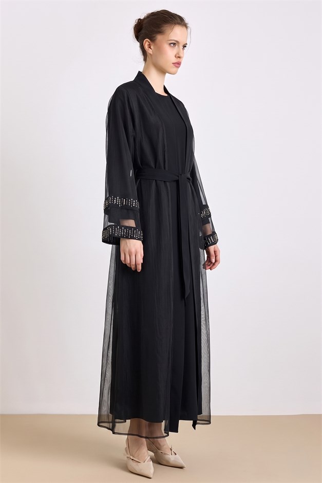 Kolları Taş Detaylı Organze Abaya Takım SİYAH 9449-TK