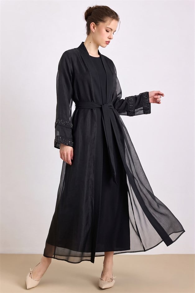 Kolları Taş Detaylı Organze Abaya Takım SİYAH 9449-TK