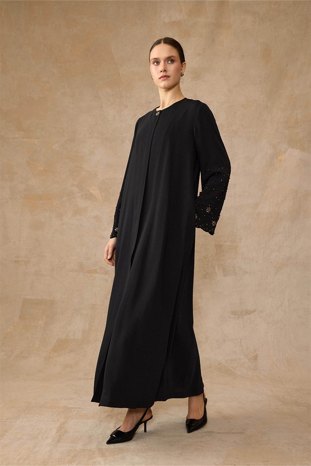 Kolları Taş ve İnci Desenlii Ferace SİYAH 6846