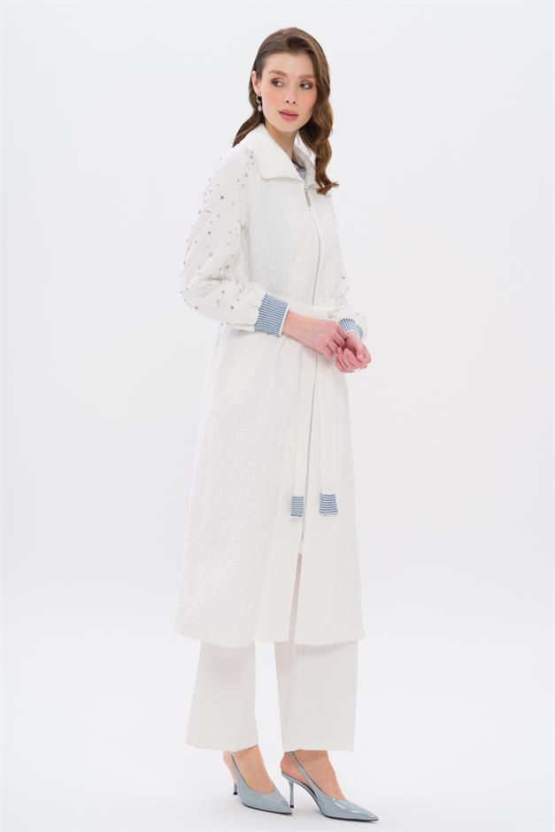 Quilted Patterned Lightweight Coat with Stone and Rib Detailed Sleeves IVORY 6708