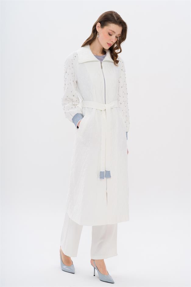 Quilted Patterned Lightweight Coat with Stone and Rib Detailed Sleeves IVORY 6708